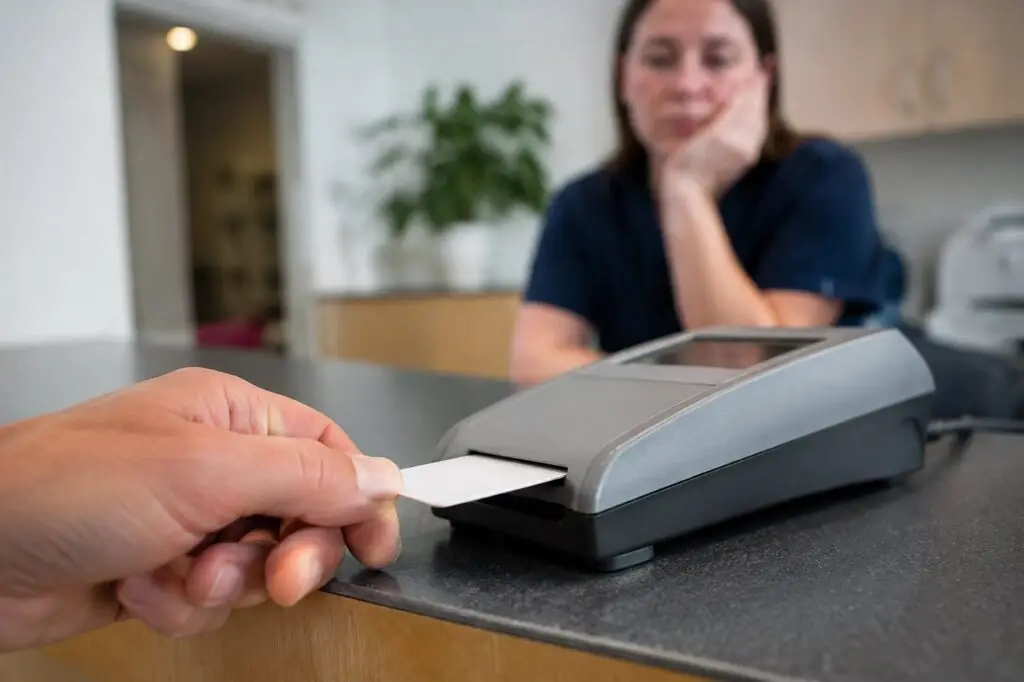 Medizinische Fachangestellte wartet am Kartenlesegerät der Praxis