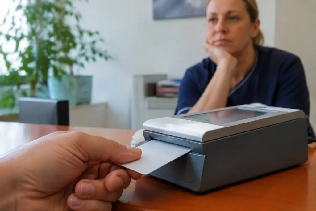 Kartenlesegerät am Praxisempfang beim Einlesen der Gesundheitskarte